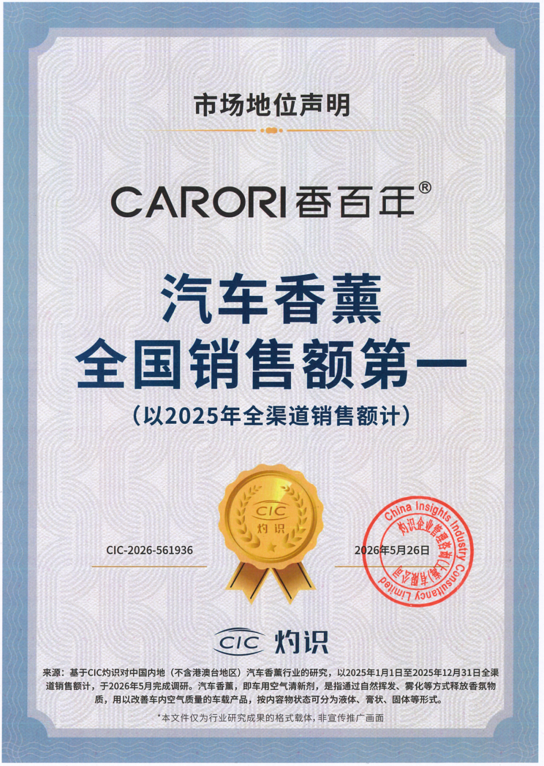 香百年荣获CIC“汽车香薰全国销售额第一”市场地位确认！